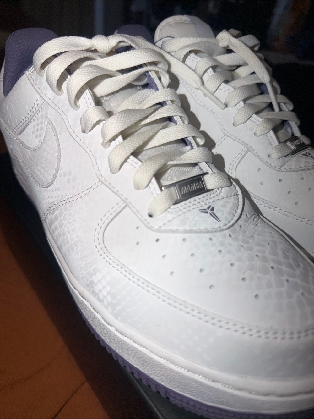 Nike AF1 (Kobe Mamba, Snakeskin) White Low-Top Sneakers with Lavender Accents